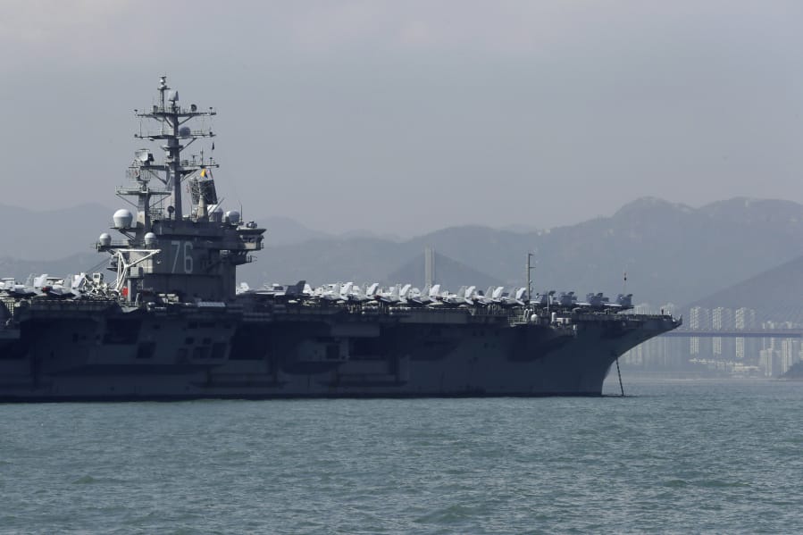 The aircraft carrier USS Ronald Reagan is anchored in Hong Kong on Wednesday.