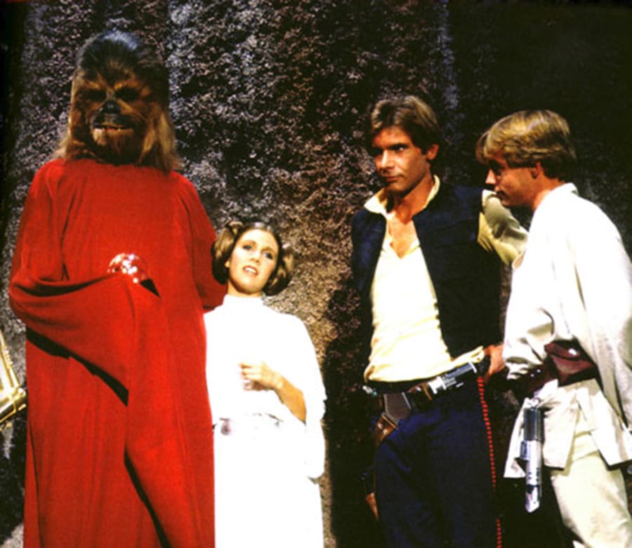 Peter Mayhew, from left, stars as Chewbacca, Carrie Fisher as Princess Leia, Harrison Ford as Han Solo and Mark Hamill as Luke Skywalker in “The Star Wars Holiday Special,” which aired 40 years ago.