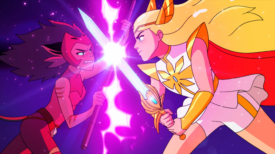 Catra, left, and She-Ra are former friends turned enemies in “She-Ra and the Princesses of Power.” Netflix
