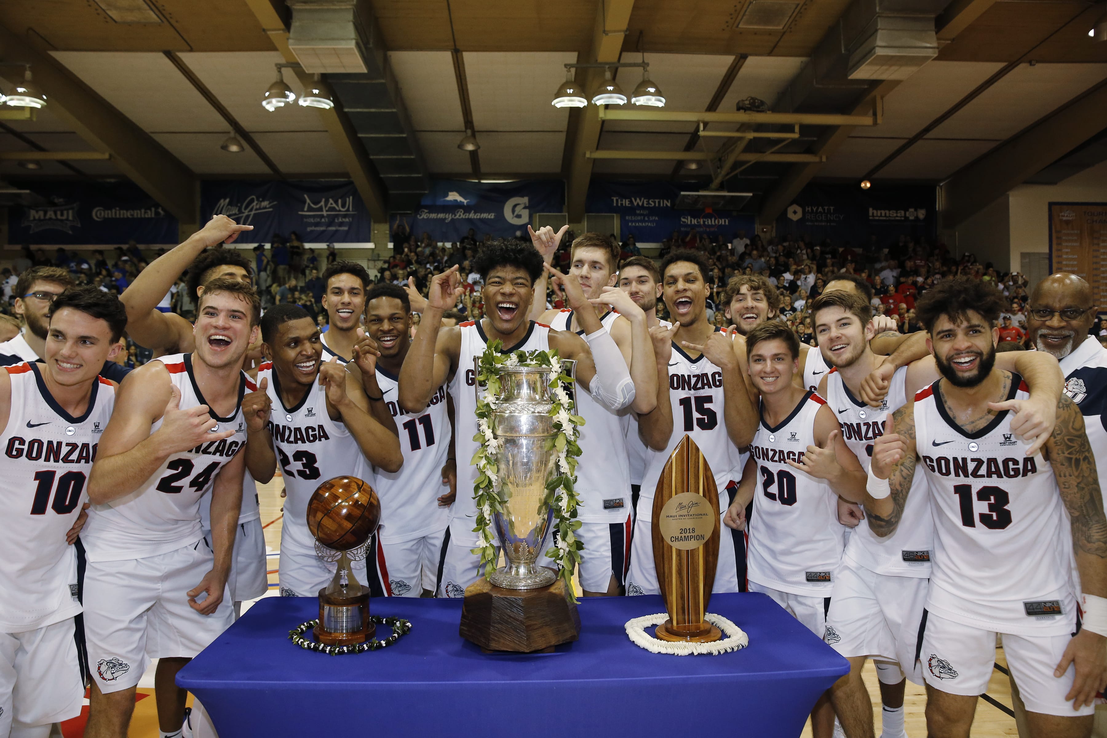 Gonzaga players celebrate after defeating Duke 89-87 in an NCAA college basketball game to win the Maui Invitational, Wednesday, Nov. 21, 2018, in Lahaina, Hawaii.