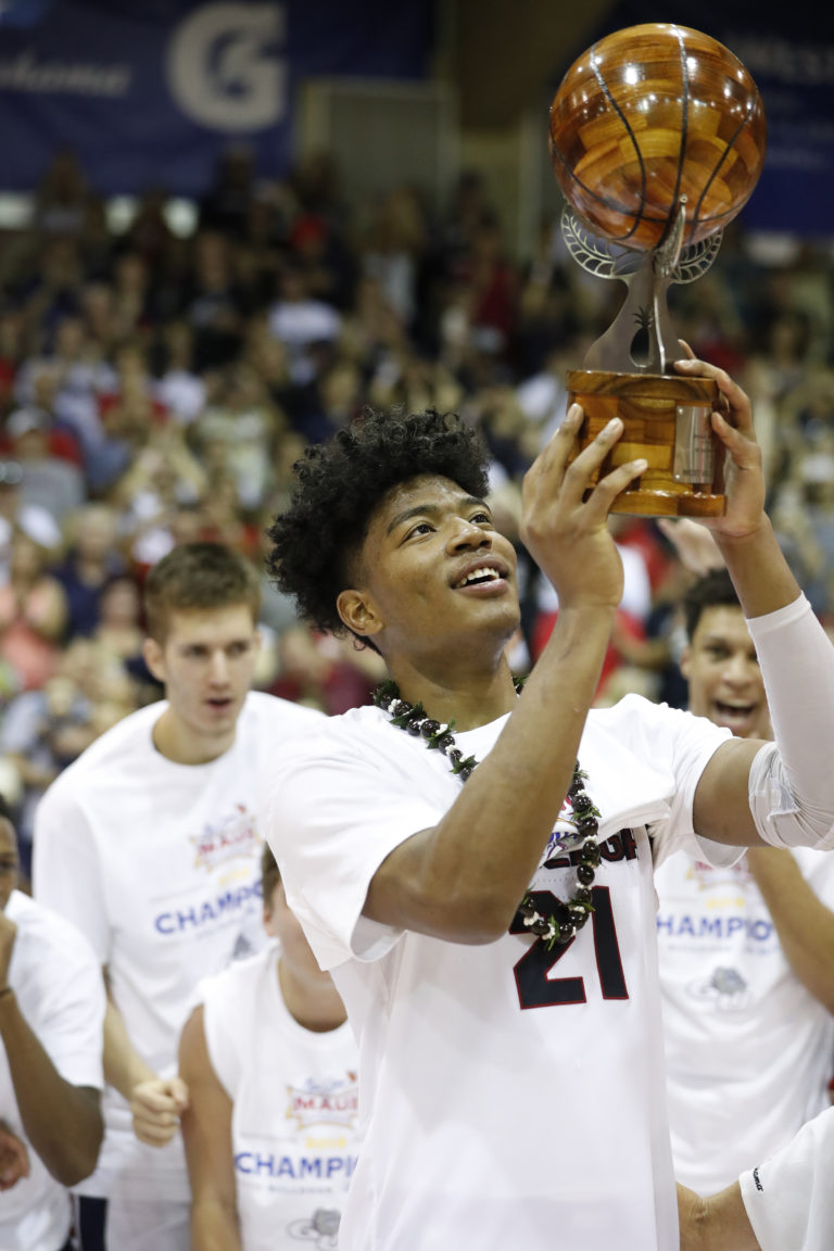 Gonzaga forward Rui Hachimura (21) holds the MVP trophy at the Maui Invitational after an NCAA college basketball game, Wednesday, Nov. 21, 2018, in Lahaina, Hawaii. Gonzaga defeated Duke 89-87.