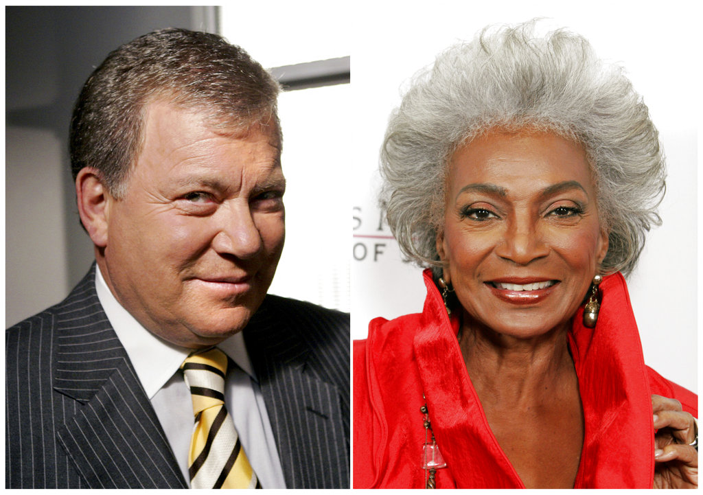 This combination photo shows actor William Shatner on the set of ABC's "Boston Legal" in Manhattan Beach, Calif., on Sept. 13, 2004, left, and actress Nichelle Nichols attending an all-star tribute concert for jazz icon Herbie Hancock in Los Angeles on Oct. 28, 2007. Fifty years ago, one year after the U.S. Supreme Court declared interracial marriage was legal, two of science fiction’s most enduring characters, Captain James T.