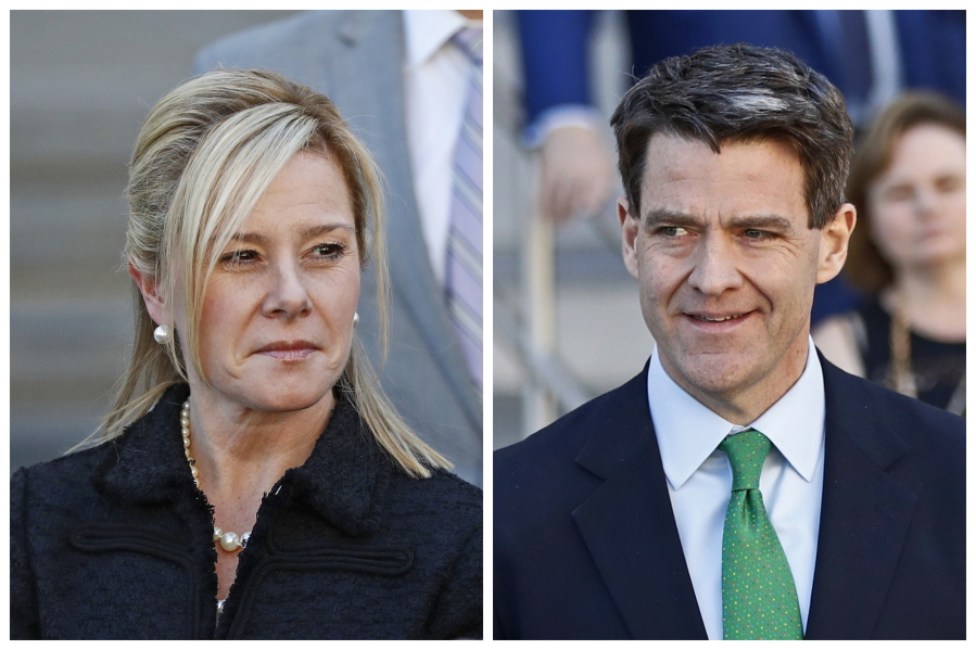 FILE - This combination of March 29, 2017, file photos shows Bridget Kelly, left, leaving federal court after sentencing in Newark, N.J., and Bill Baroni leaving federal court after sentencing in Newark. A federal appeals court has thrown out some of the convictions against two former aides to former New Jersey Gov. Chris Christie in the George Washington Bridge lane-closing scandal. Kelly and Baroni were convicted in 2016 in the alleged plot to cause traffic jams to punish a mayor for not endorsing Christie’s re-election bid. The court Tuesday, Nov. 27, 2018 threw out a count of civil rights conspiracy for each defendant. It upheld convictions for wire fraud and misapplying property of an organization receiving federal funds.