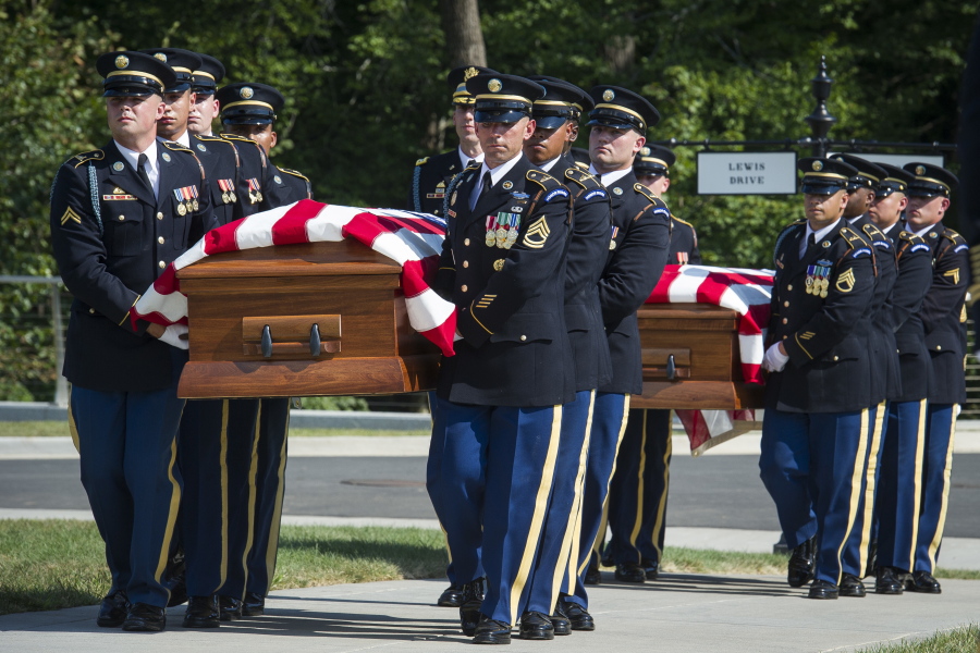 The 3rd Infantry Regiment carry the remains Sept. 6 of two unknown Civil War Union soldiers to their grave at Arlington National Cemetery in Arlington, Va.