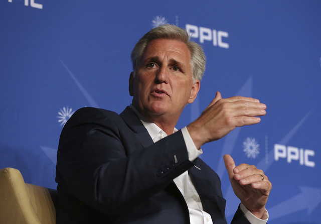 Rep. Kevin McCarthy, R-Calif., answers a question during his appearance with the Public Policy Institute of California in Sacramento, Calif. Frustration and finger-pointing spilled over at a private meeting of House Republicans late Tuesday, Nov. 13 as lawmakers sorted through an election that cost the majority and began considering new leaders. The speaker’s gavel now out of reach, McCarthy, an ally of President Donald Trump, is poised to be minority leader. But he faces a challenge from Jim Jordan of the conservative Freedom Caucus.