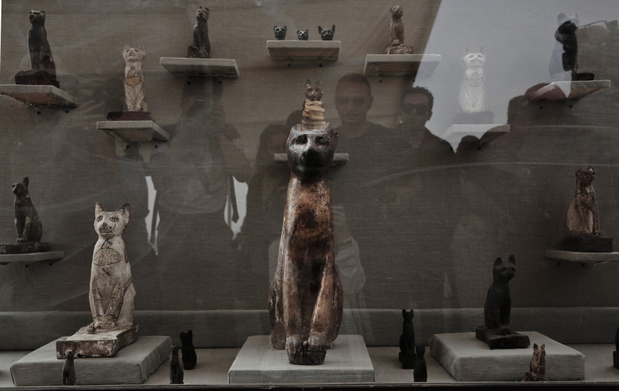Cat statues on display, at an ancient necropolis near Egypt’s famed pyramids in Saqqara, Giza, Egypt, Saturday, Nov. 10, 2018. A top Egyptian antiquities official says local archaeologists have discovered seven Pharaonic Age tombs near the capital Cairo containing dozens of cat mummies along with wooden statues depicting other animals.