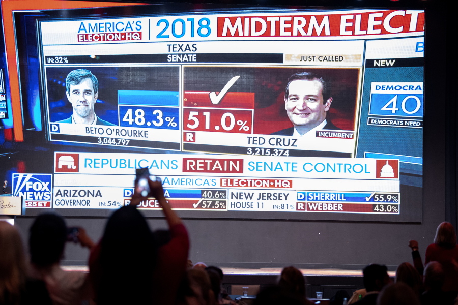 Fox News announces U.S. Sen. Ted Cruz, R-Texas, as the winner over challenger Rep. Beto O’Rourke, D-Texas, during the Dallas County Republican Party election night watch party on Tuesday, Nov. 6, 2018 at The Statler Hotel in Dallas.