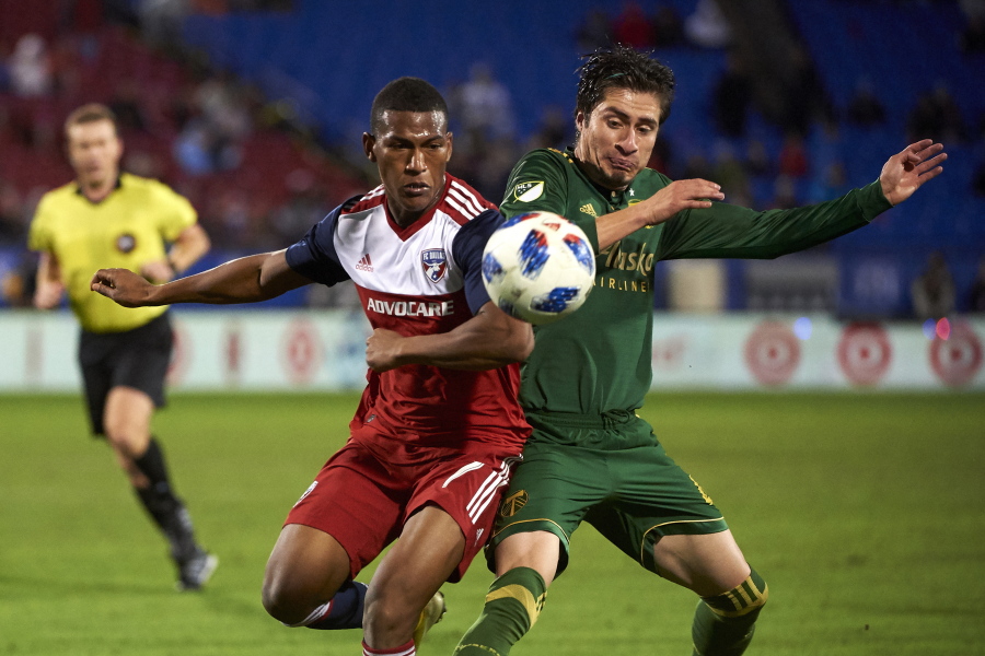 Portland Timbers defender Jorge Villafana, right, is back with the Portland Timbers for a second stint. He was on the 2015 squad that won the franchise’s only MLS Cup.