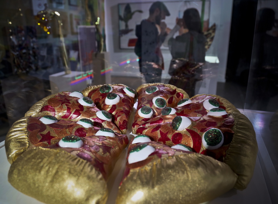 A textile sculpture from artist Hein Koh called “Mystic Pizza” is part of a group art exhibition celebrating pizza at The Museum of Pizza in New York.