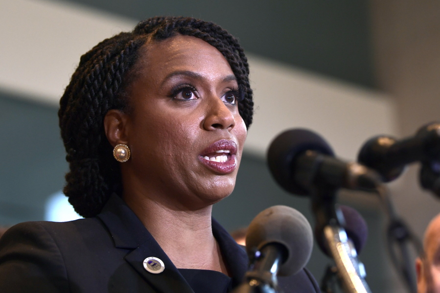 Rep.-elect Ayanna Pressley, D-Mass., listens during a news conference with members of the Progressive Caucus in Washington, Monday, Nov. 12, 2018.