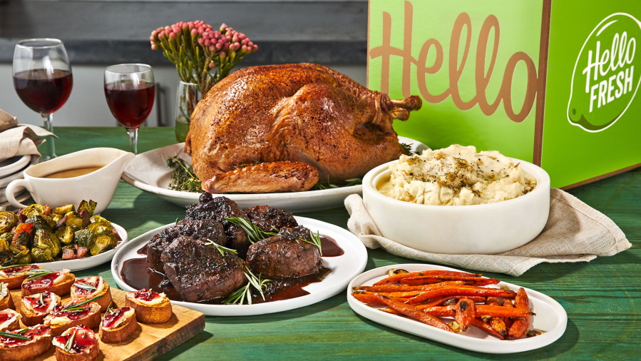 This undated product image provided by HelloFresh shows Holiday Box that is offered by the subscription meal service. Some companies, like HelloFresh, will mail you pre-measured ingredients and instructions for a full holiday meal. HelloFresh won’Äôt say how many boxes it sold, but it’Äôs offering two options for Christmas. For $129, it will send customers a beef tenderloin that feeds six to eight people plus sides, sauces and dessert. For $159, it will send a turkey dinner similar to its Thanksgiving box.