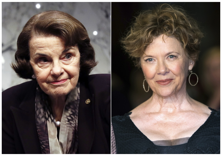 In this combination photo, Sen. Dianne Feinstein, D-Calif., arrives for a Senate Judiciary Committee hearing on Capitol Hill in Washington, on Dec. 6, 2017, left, and actress Annette Bening appears at the BAFTA Awards in London on Feb. 18, 2018. Bening will portray Feinstein in a film about the Senate’s study into the CIA’s Detention and Interrogation Program, which will be presented at the Sundance Film Festival running Jan. 24 through Feb. 3 in Park City, Utah.