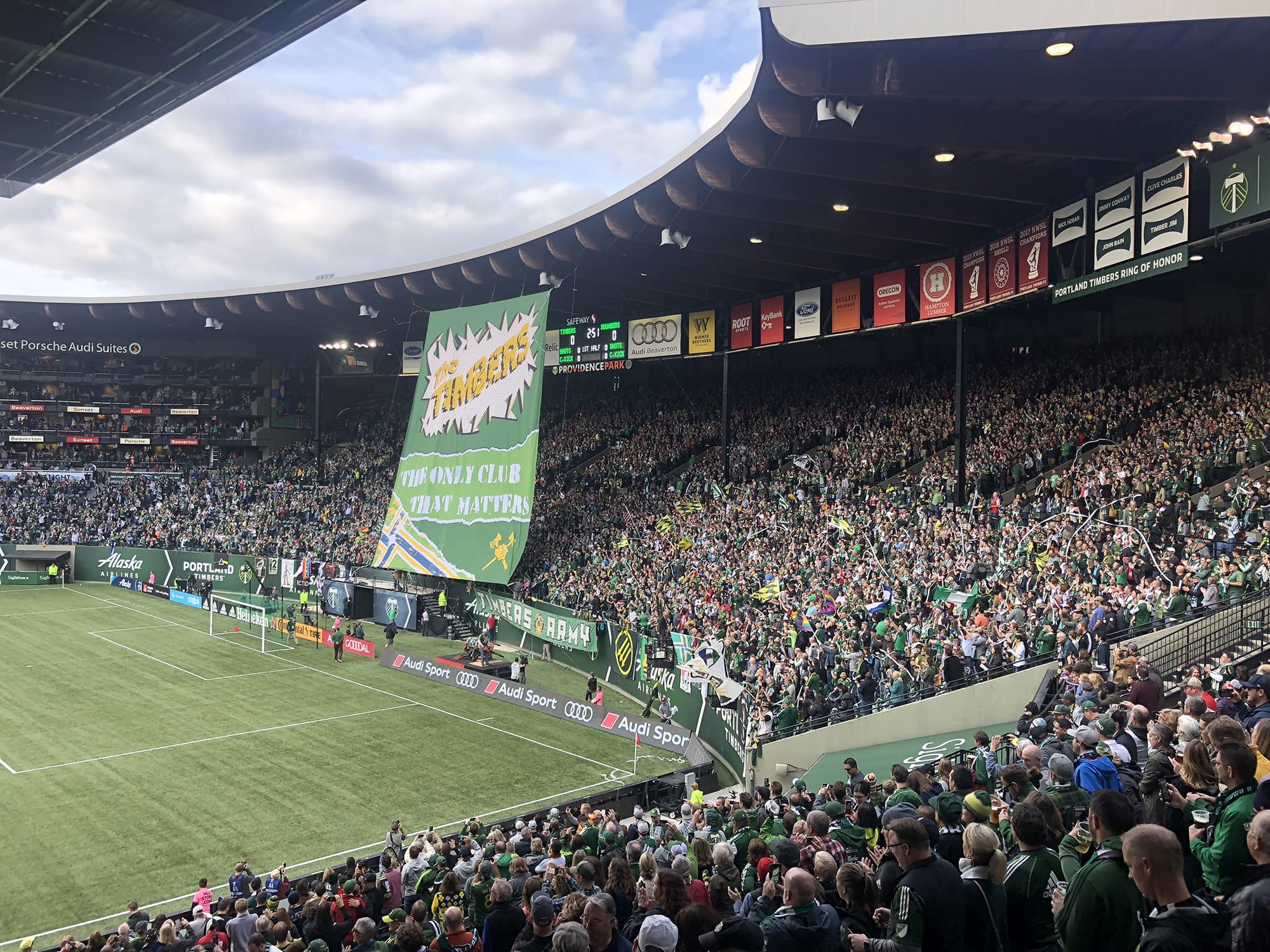 The Portland Timbers Army support group raise the tifo prior to the Timbers' playoff match against the Seattle Sounders on Sunday, Nov. 4, 2018 at Providence Park. The Timbers won the first leg 2-1.
