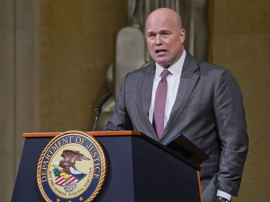 Acting Attorney General Matthew Whitaker speaks at the Dept. of Justice’s Annual Veterans Appreciation Day Ceremony, Thursday, Nov. 15, 2018, at the Justice Department in Washington.