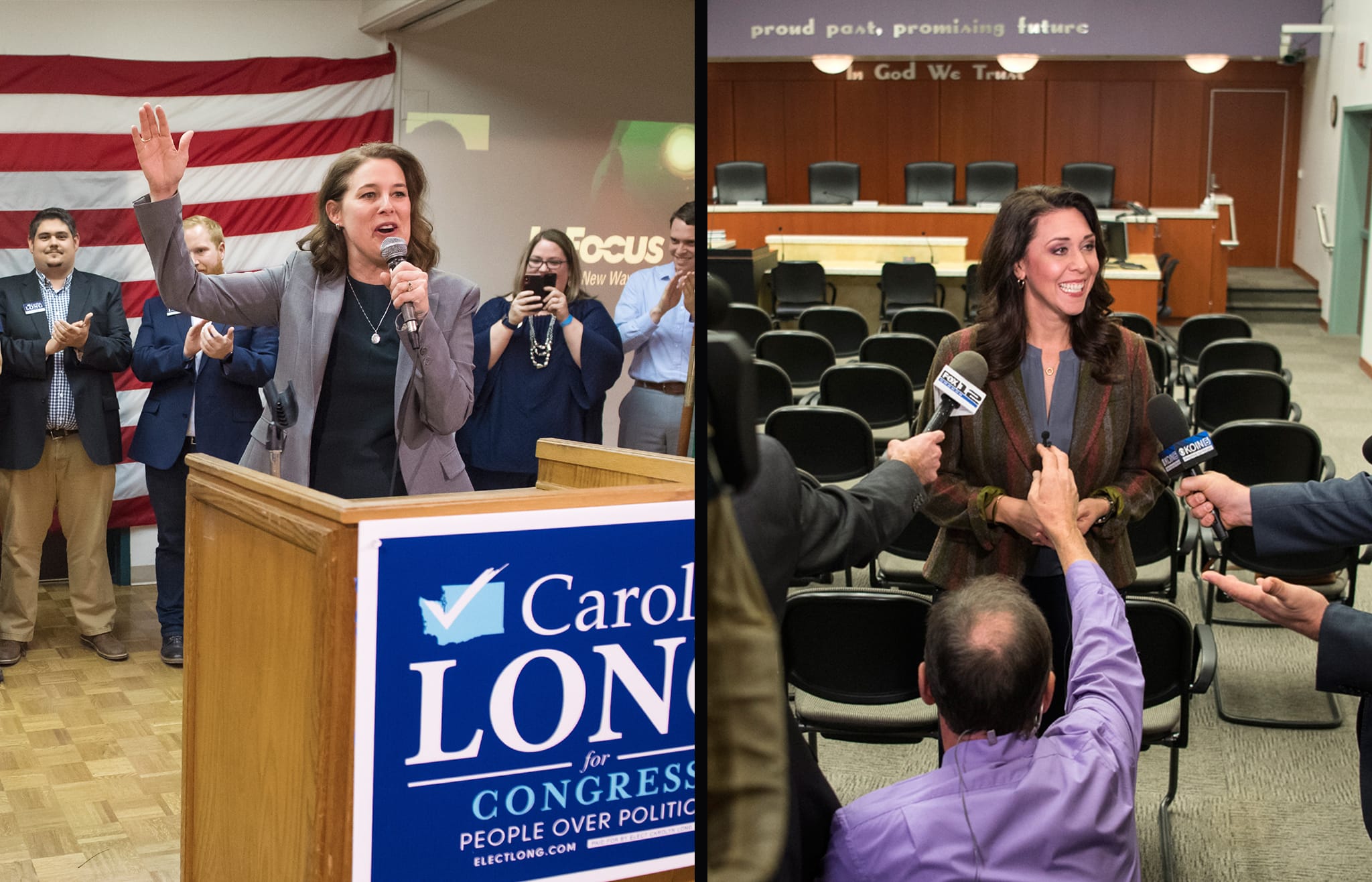 Carolyn Long, left, Democratic candidate for the 3rd Congressional District, speaks to supporters during an election party at the Marshall Center on Tuesday night (Nathan Howard/The Columbian). Incumbent U.S. Rep.