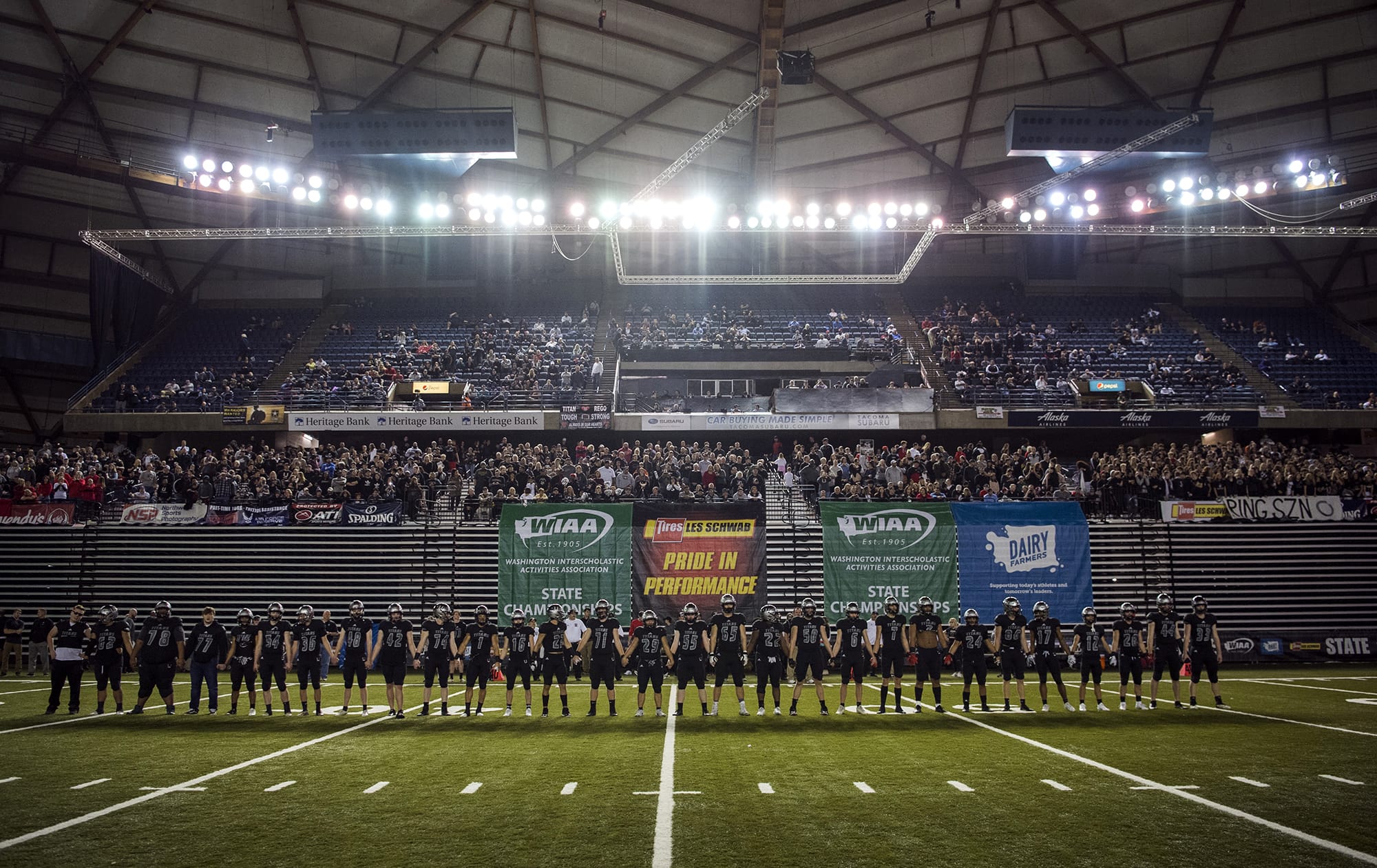 Union lines up before the Class 4A state football championship game against Lake Stevens on Saturday, Dec. 1, 2018, in Tacoma, Wash.