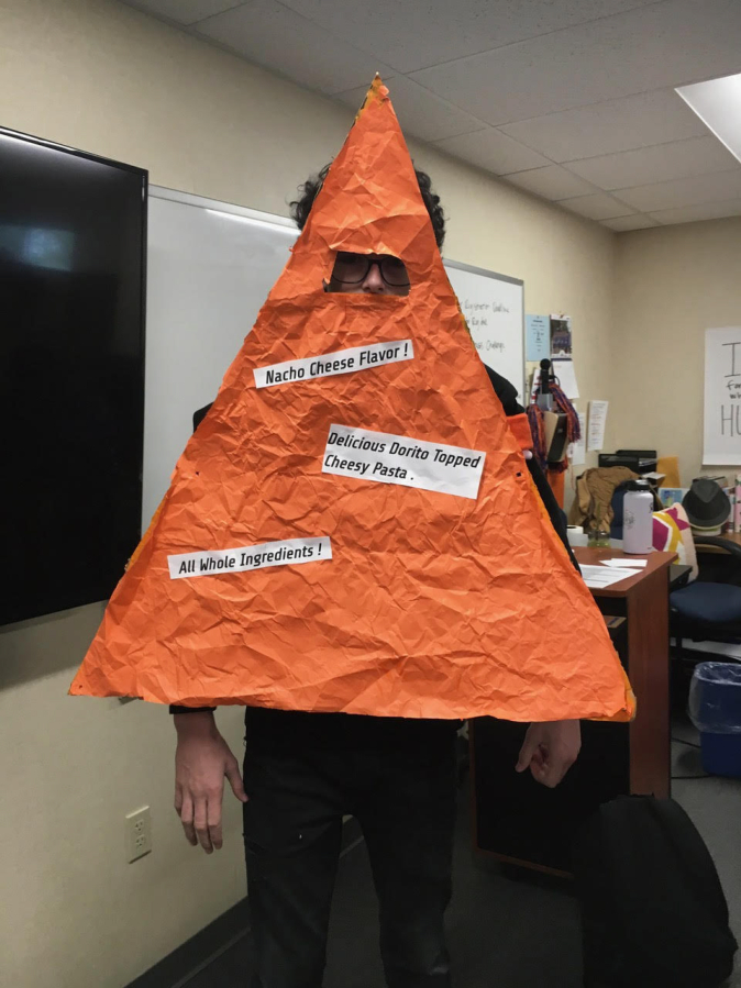 Ridgefield: Danny Dorito, the mascot for Cheesy Crunch Pasta, one of the entries in the Pasta Project contest at Ridgefield High School, where marketing and cooking students teamed up to create new pasta products.
