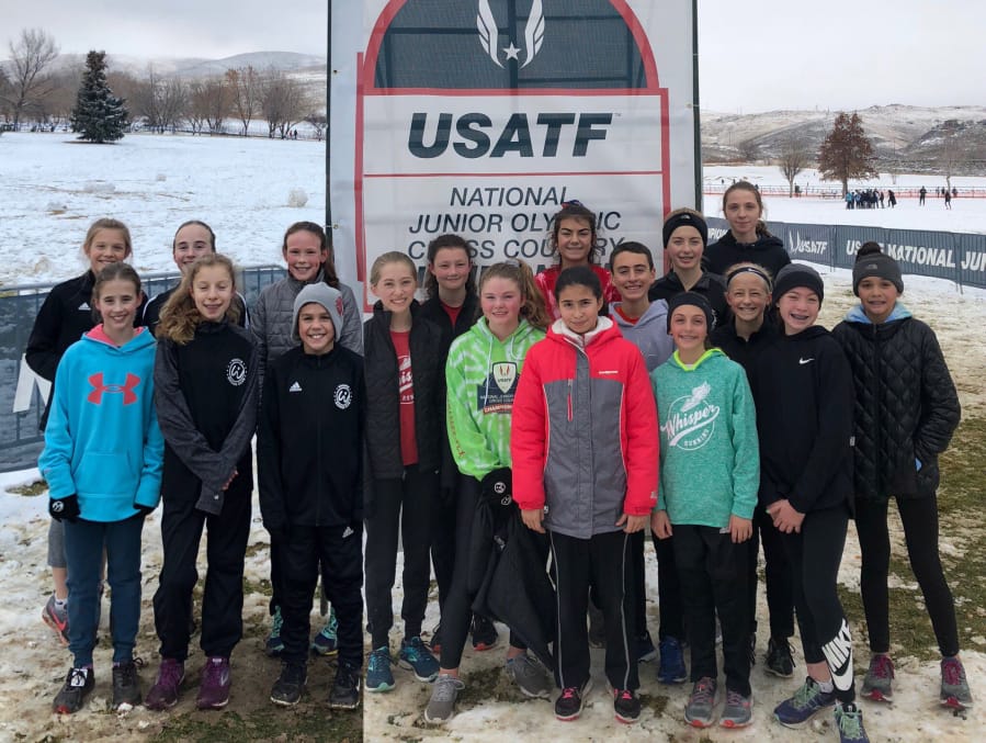 Whisper Running club members at the USATF Junior Olympic Cross Country meet in Reno, Nev., on Saturday, Dec. 8, 2018 included (left to right): Bethany McKinstry, Ava Gavora, Abby Gavora, Sara Cordova, Madeline Cooke, Sam Soto, Natalie Peddie, Abigail Rounds, Abby Wall, Kiley O'Brien, Alexis Leone, Chris Amato, Madison Wick, Lauren Amato, Charolette Wilson, Elle Thomas, Addison Crum, and Alyson Robertson.