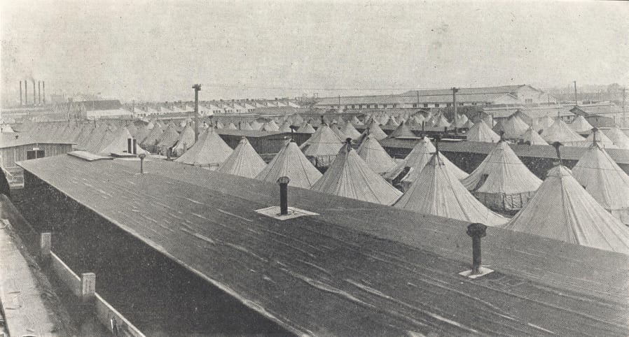 In 1918, Spruce Mill Division soldiers lived in tents such as these. In an era when newfangled airplanes were made of wood and fabric, Vancouver was an aircraft manufacturing hub.