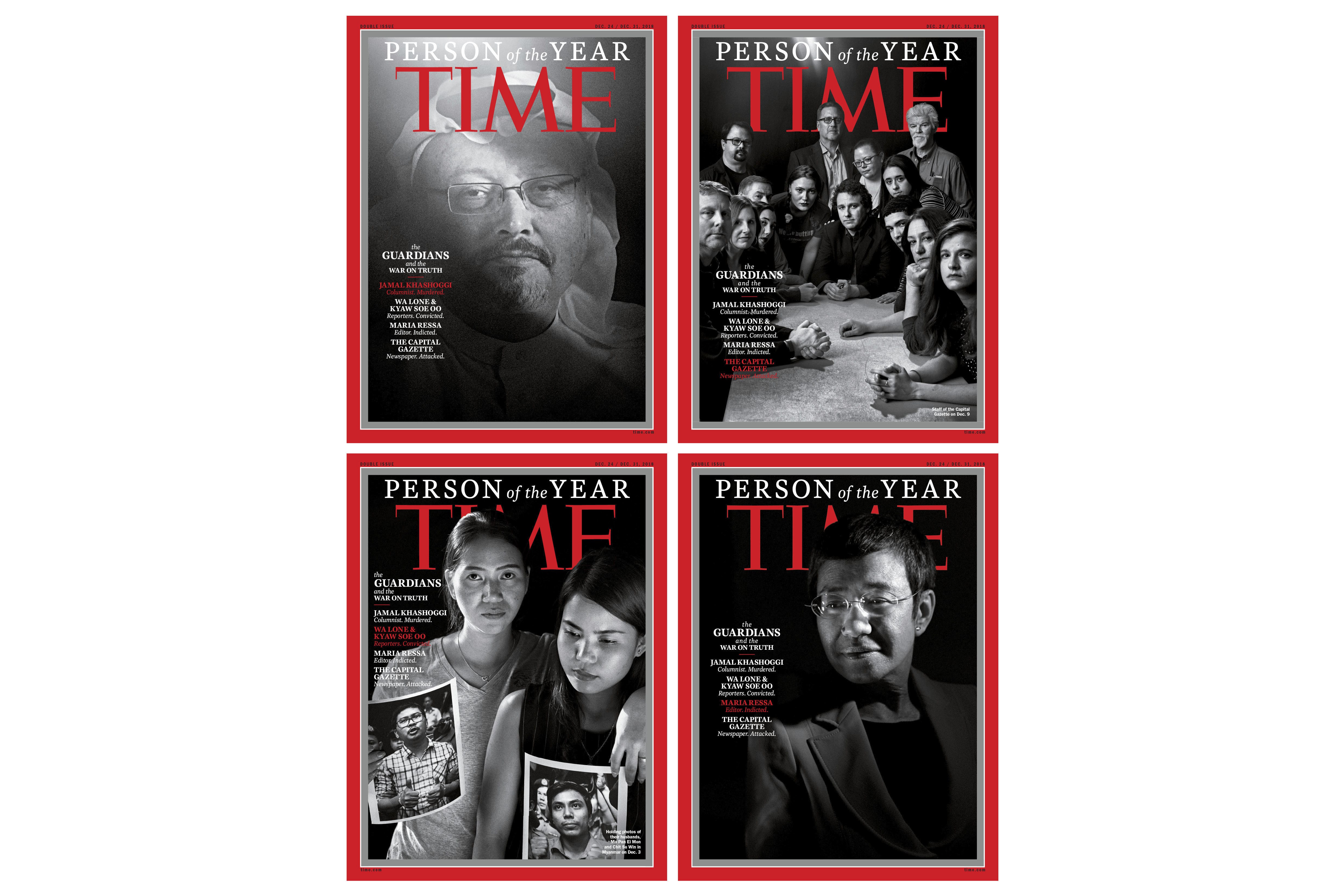 This combination photo provided by Time Magazine shows their four covers for the "Person of the Year," announced Tuesday, Dec. 11, 2018. The covers show Jamal Khashoggi, top left, members of the Capital Gazette newspaper, of Annapolis, Md., top right, Wa Lone and Kyaw Soe Oo, bottom left, and Maria Ressa.