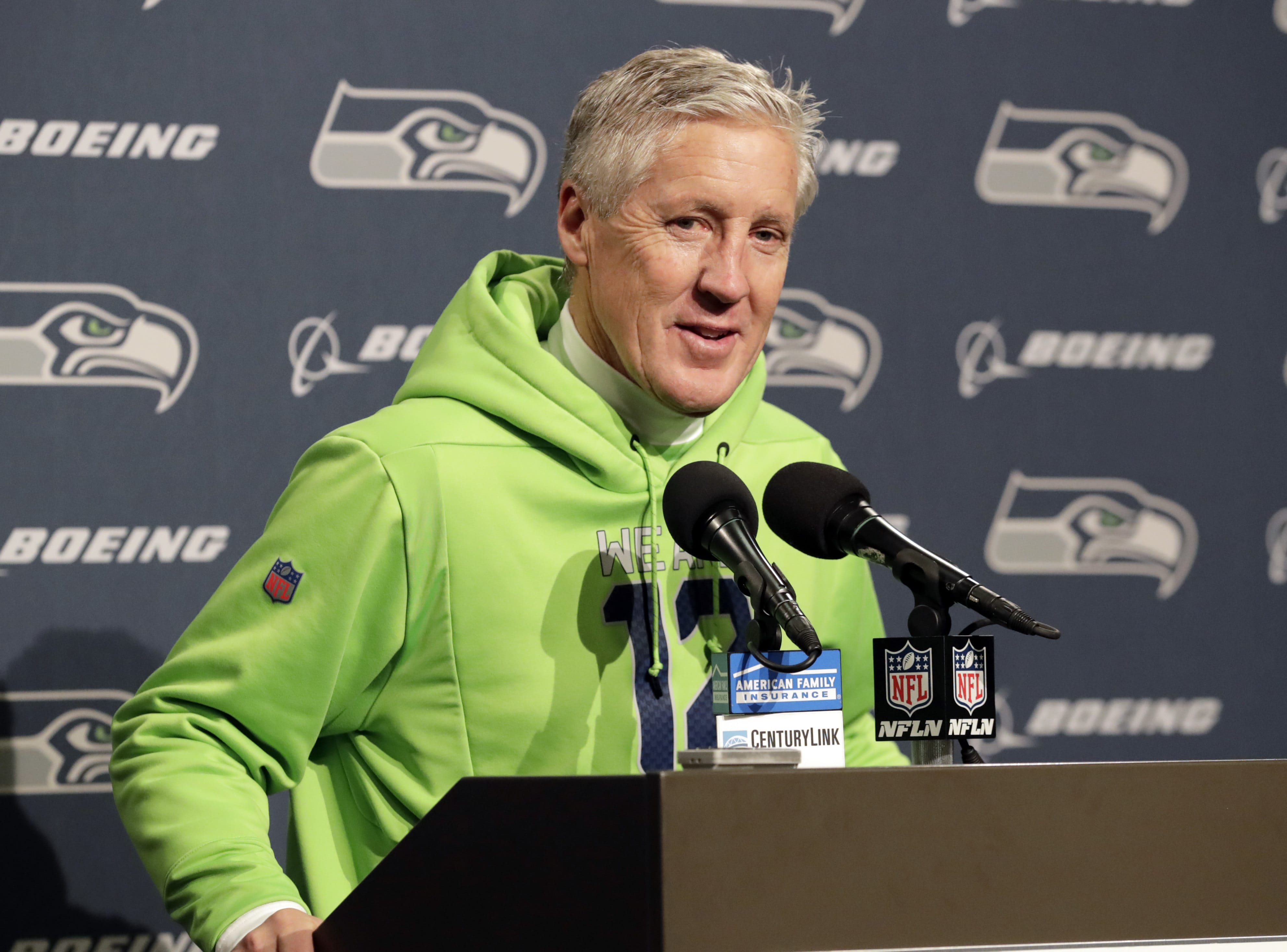 Seattle Seahawks head coach Pete Carroll talks to reporters following an NFL football game against the Kansas City Chiefs, Sunday, Dec. 23, 2018, in Seattle.