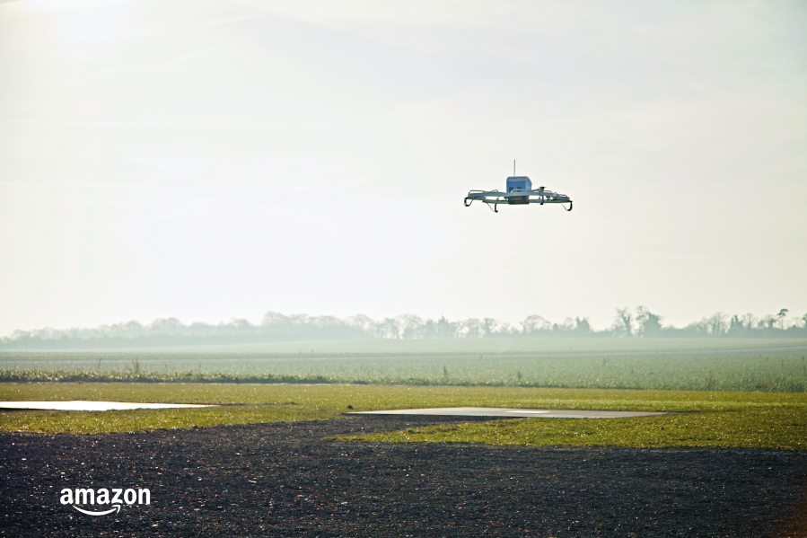 An Amazon Prime Air drone flies in 2016 in Cambridgeshire, United Kingdom.