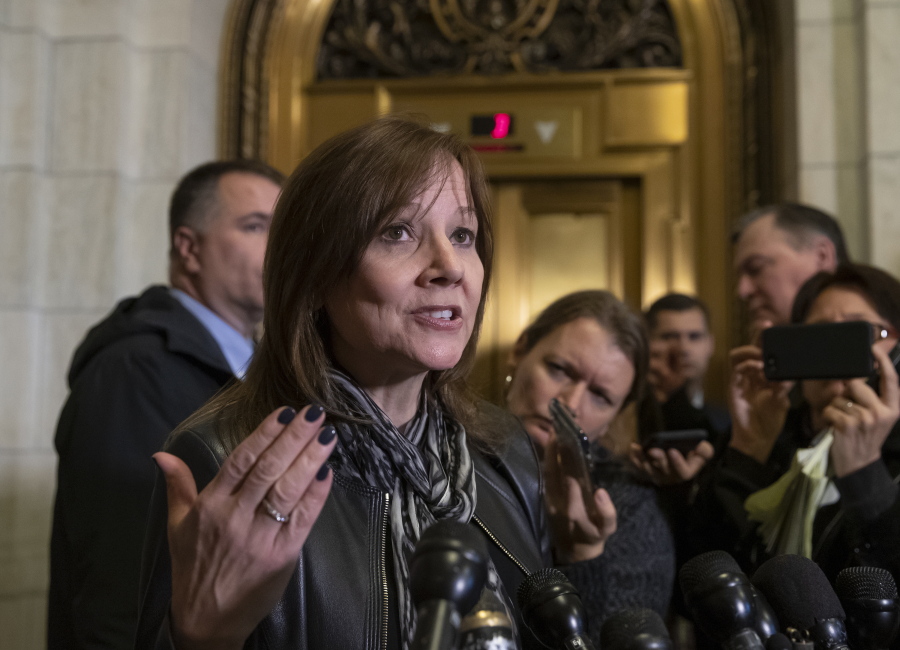 General Motors CEO Mary Barra speaks to reporters after a meeting with Sen. Sherrod Brown, D-Ohio, and Sen. Rob Portman, R-Ohio, to discuss GM’s announcement it would stop making the Chevy Cruze at its Lordstown, Ohio, plant, part of a massive restructuring for the Detroit-based automaker, on Capitol Hill in Washington, Wednesday, Dec. 5, 2018. General Motors is fighting to retain a valuable tax credit for electric vehicles as the nation’s largest automaker grapples with the political fallout triggered by its plans to shutter several U.S. factories and shed thousands of workers. (AP Photo/J.