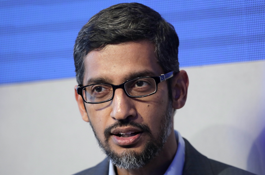 FILE - In this Jan. 24, 2018, file photo Sundar Pichai, CEO of Google, speaks during a conversation as part of the annual meeting of the World Economic Forum in Davos, Switzerland. Pichai’s appearance Tuesday, Dec. 11, before the House Judiciary Committee comes after he angered members of a Senate panel in September by declining their invitation to testify about foreign governments’ manipulation of online services to sway U.S. political elections. Pichai’s no-show at that hearing was marked by an empty chair for Google alongside the Facebook and Twitter executives who appeared and were interrogated.