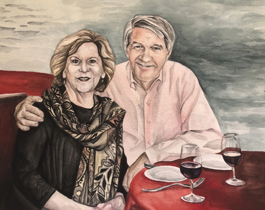 This photo provided Jill Robostello shows a portrait Robostello was commissioned to paint for Kate Char. Char got the idea to commission the painting after seeing a heartwarming photo taken of her parents on their 50th wedding anniversary trip to Paris. She forwarded the photo to Robostello who used it as the basis of the watercolor painting. “I wanted to give them that moment permanently,” said Char of Newton square, Pa.