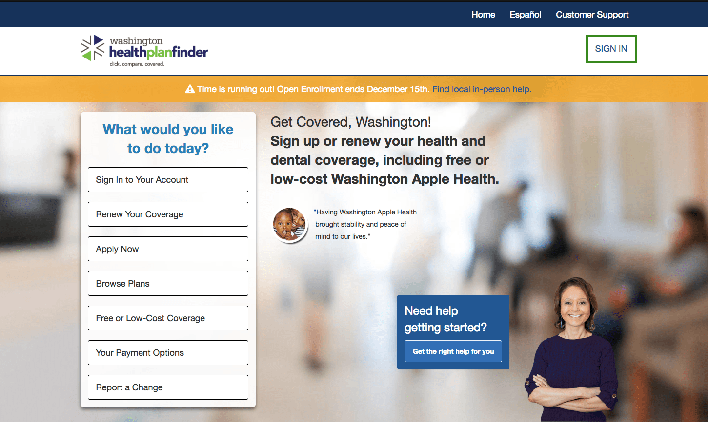 The home page of www.wahealthplanfinder.org.