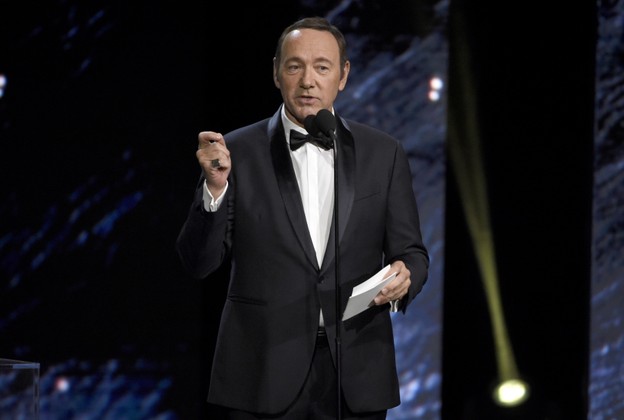 In this Oct. 27, 2017, file photo, Kevin Spacey presents an award in Beverly Hills, Calif. Spacey is set to appear in court Monday, Jan. 7, 2019, on accusations that he groped an 18-year-old man in 2016.