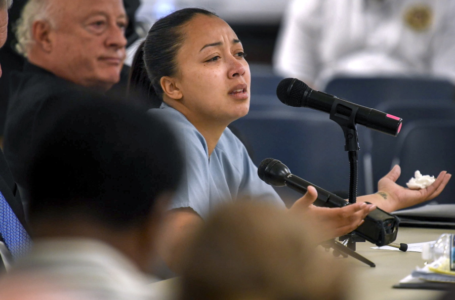 File- This May 23, 2018, file photo shows Cyntoia Brown appearing in court during her clemency hearing at the Tennessee Prison for Women in Nashville, Tenn. Several Democratic Tennessee lawmakers are urging Republican Gov. Bill Haslam to grant clemency to a woman convicted of first-degree murder as a teen. Newly elected Nashville Sen. Brenda Gilmore led a group Friday, Dec. 14, 2018, calling for 30-year-old Brown’s freedom.