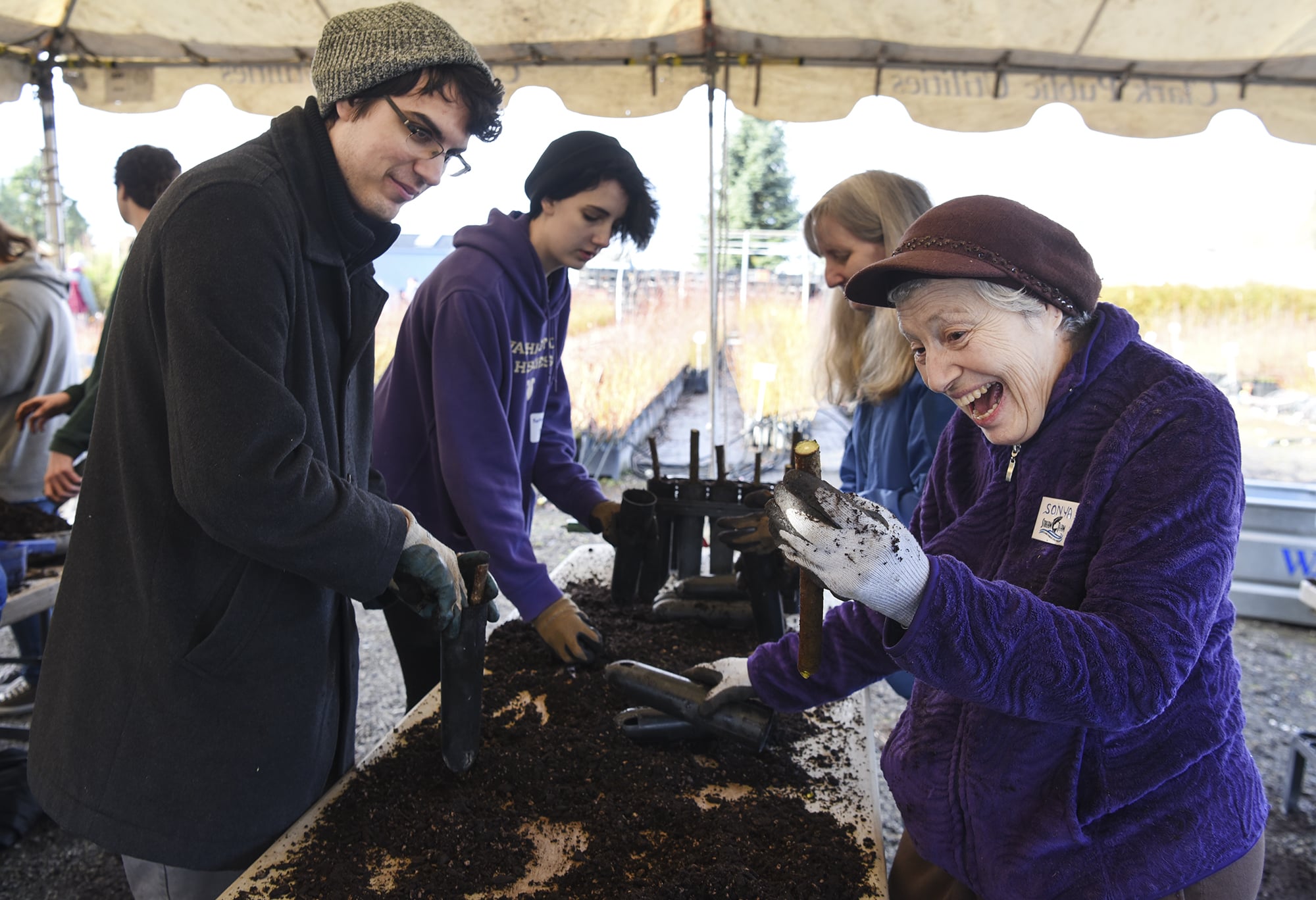Sonya Norton, right, a volunteer and veteran StreamTeam instructor, expresses her excitement as she identifies the spot on a dogwood tree stake where branches will sprout, while potting dogwood stakes with volunteer Trevor Cashmore, left, at Clark Public Utilities during a StreamTeam volunteer event in January 15.