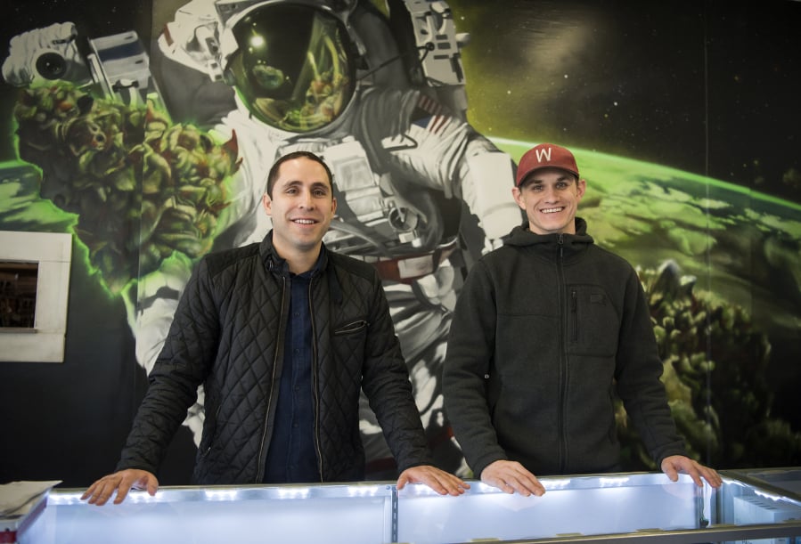 Adam Hamide, left, and Jason Keller, right, co-own Main Street Marijuana along with Hamide’s brother, Ramsey Hamide. Main Street Marijuana now has two locations in Vancouver and one in Longview. The original downtown location is Washington’s top-selling store. Its sales are approaching the $100 million mark.
