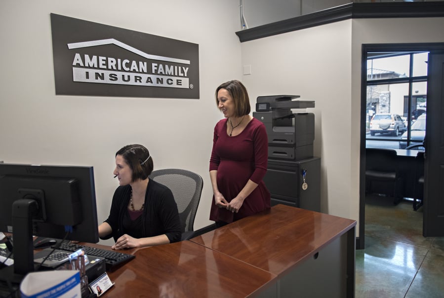 Tina Vlachos, right, is 37 and will be a first-time mom soon. Vlachos owns an American Family Insurance agency in the Sunnyside-Walnut Grove area and plans to keep working. “I’m not really wired to slow down,” she said. She mirrors a national trend in which women are having children later in life.