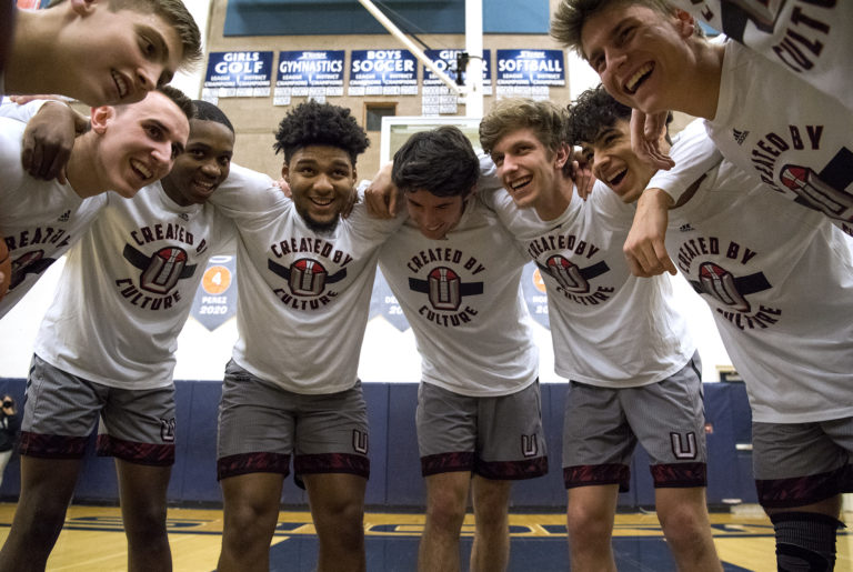 Union circles up before Tuesday night's game at Skyview High School in Vancouver on Jan. 15, 2019. Union defeated Skyview 83-79.