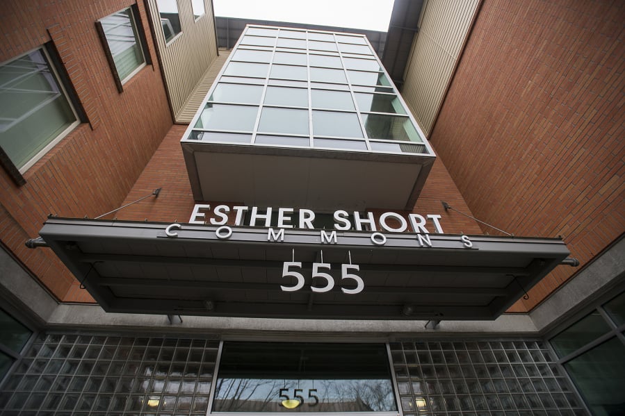 A sign for Esther Short Commons greets visitors on its Eighth Street side.