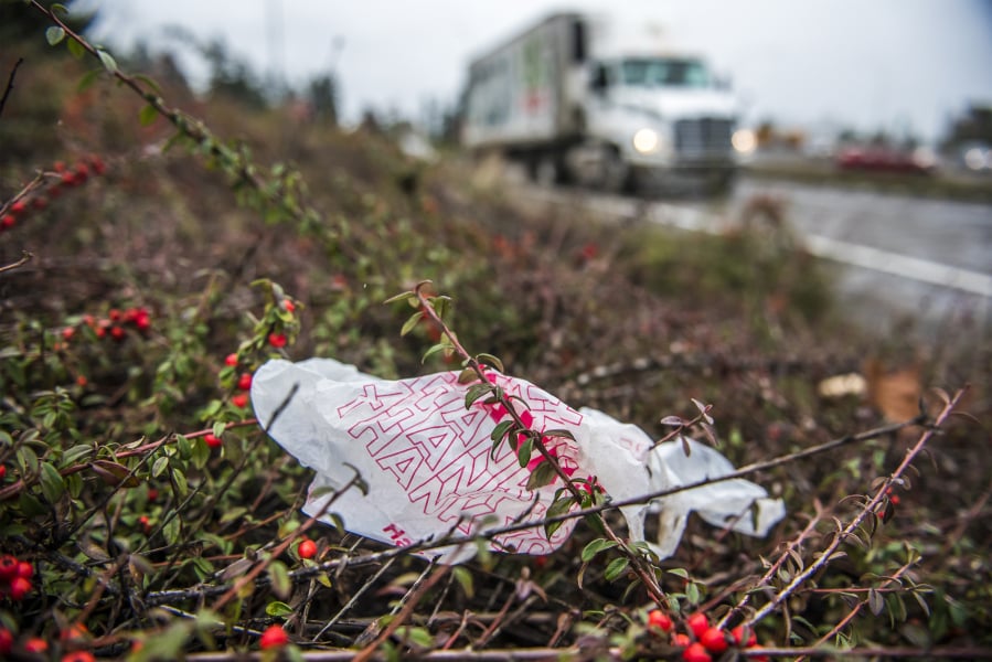 A plastic bag is seen near passing traffic on Interstate 5 near downtown Vancouver.