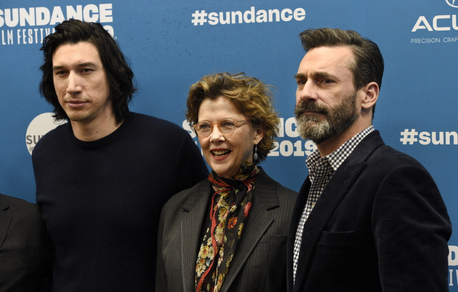 Adam Driver, from left, Annette Bening and Jon Hamm, cast members in “The Report,” pose together at the premiere of the film during the 2019 Sundance Film Festival, Saturday, Jan. 26, 2019, in Park City, Utah.