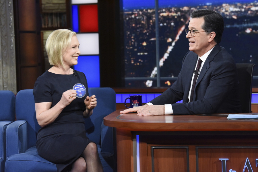 Sen. Kirsten Gillibrand, D-N.Y., with host Stephen Colbert during a taping of “The Late Show With Stephen Colbert,” Tuesday in New York. The New York Democrat announced that she is forming an exploratory committee to run for president in 2020.