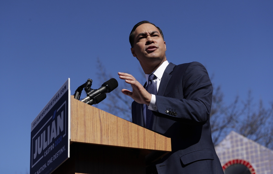 FILE - In this Saturday, Jan. 12, 2019, file photo, former San Antonio Mayor and Housing and Urban Development Secretary Julian Castro speaks during an event where he announced his decision to seek the 2020 Democratic presidential nomination, in San Antonio. Castro launched his campaign by pledging support for “Medicare for All,” free universal preschool, a large public investment in renewable energy and two years of free college for all Americans.