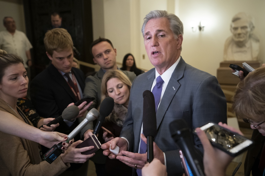 House Majority Leader Kevin McCarthy, R-Calif., speaks to reporters as he returns to the Capitol from a meeting with President Donald Trump about border security and ending the partial government shutdown, in Washington, Wednesday, Jan. 2, 2019. (AP Photo/J.