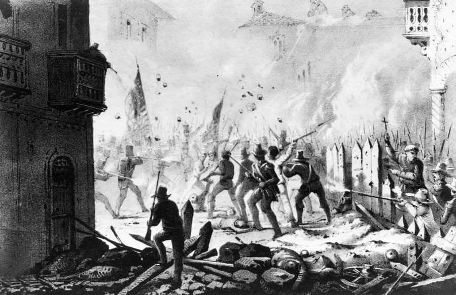 FILE - This file photo of a painting depicts street fighting during the siege of Monterey, Mexico in Sept. 1846 during the U.S. War with Mexico. The United States invaded Mexico in 1846 and captured Mexico City in 1847. A peace treaty the following year gave the U.S. more than half of Mexico’s territory, what is now most of the western United States. (U.S.