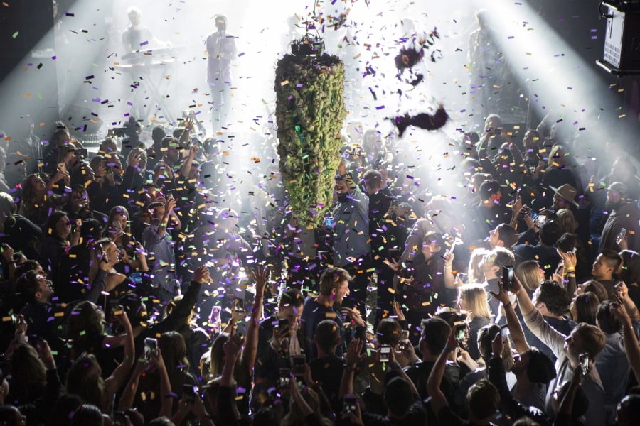 A depiction of a cannabis bud drops from the ceiling on Oct. 17 at Leafly’s countdown party in Toronto as midnight passes and marks the first day of the legalization of cannabis across Canada.