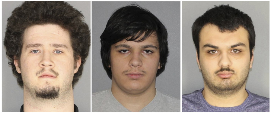 This combination of three Jan. 22, 2019, photographs released by the Greece Police Department in Greece, N.Y., shows Brian Colaneri, from left, Andrew Crysel and Vincent Vetromile. Authorities said that the three men were charged with plotting to attack a rural upstate New York Muslim community with explosives. The three Rochester, NY-area men are accused of plotting to attack Islamberg, a 60-acre Muslim enclave west of the Catskills, according to court papers.
