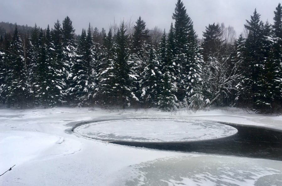 This Wednesday, Jan. 16, 2019 provided by David Loome shows an ice disk that’s about 30 or 40 feet across at Baxter State Park in Millinocket, Maine. It’s smaller than the ice disk measuring about 100 yards across formed in the Presumpscot River in Westbrook and garnered media attention around the word.