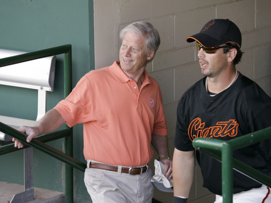 San Francisco Giants' owner Peter Magowan, left, pictured here in 2008, has died at the age of 76. The team said Magowan died Sunday, Jan. 27, 2019, after a battle with cancer.