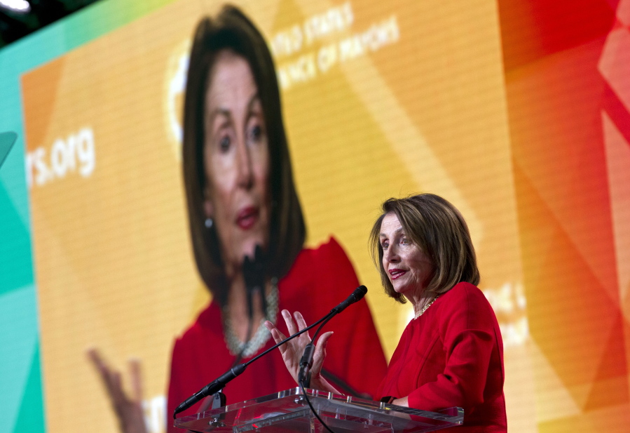 House Speaker Nancy Pelosi, D-Calif., speaks during the U.S. Conference of Mayors winter meeting in Washington, Wednesday, Jan. 23, 2019.