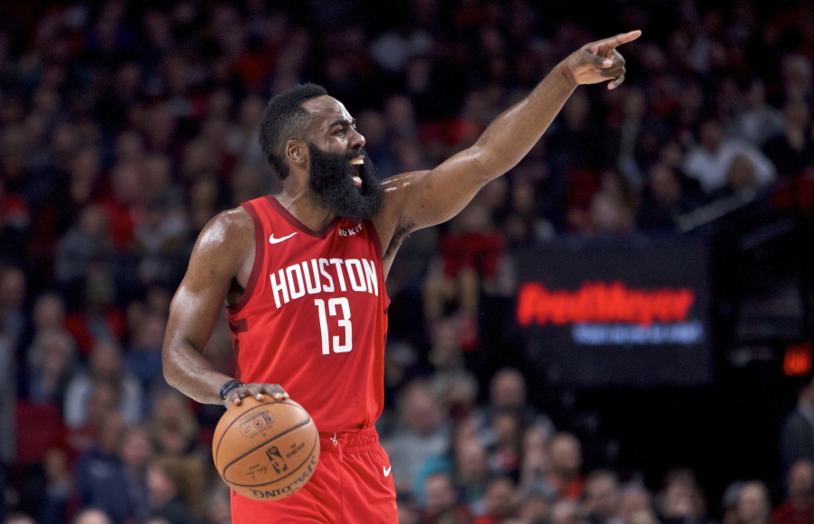 Houston Rockets guard James Harden gestures during the first half of an NBA basketball game against the Portland Trail Blazers in Portland, Ore., Saturday, Jan. 5, 2019.
