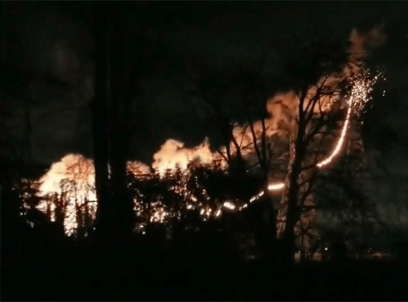 Overloaded power lines fall in this image from video captured late Saturday night by Melissa Martin. The arcing lines were high-voltage Bonneville Power Administration transmission lines.